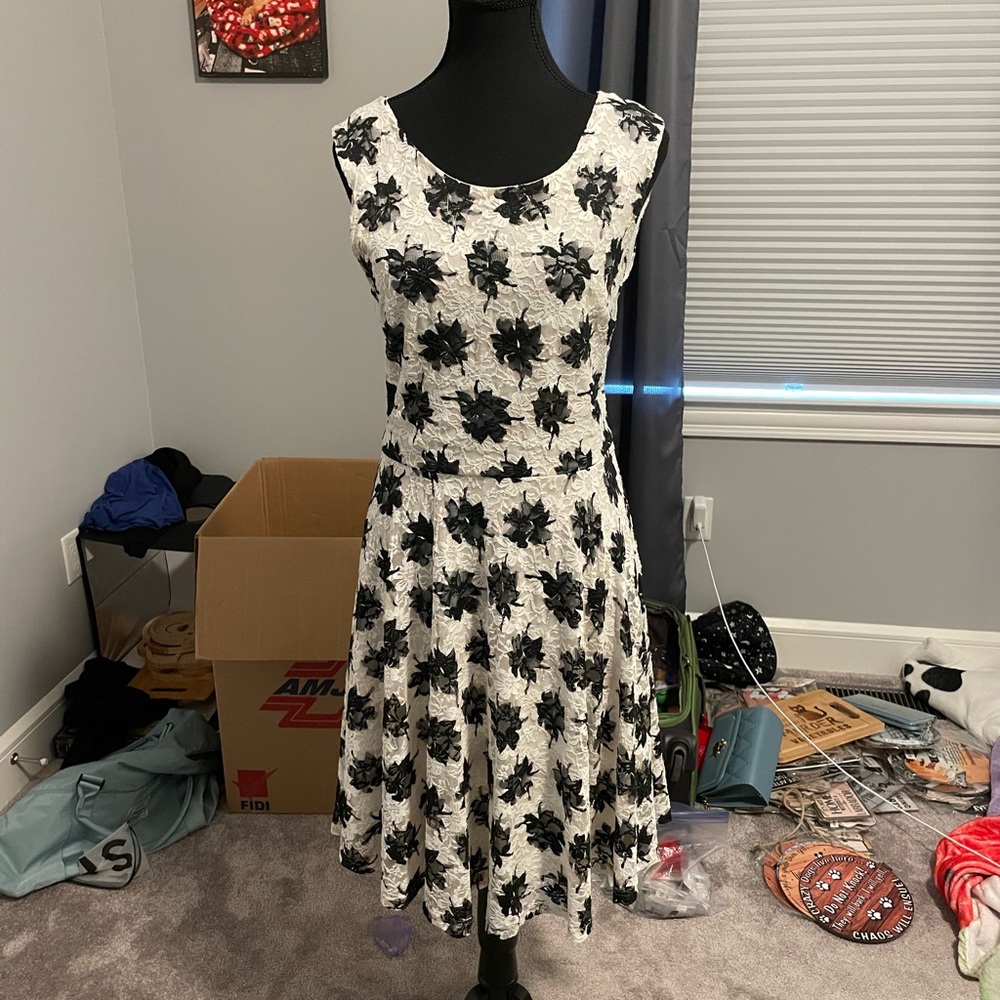 Black and White Sleeveless A-Line Midi Dress